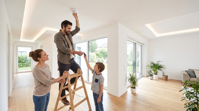 Parents installing a smoke detector on the ceiling at home