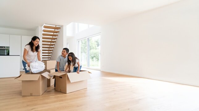 Family unpacking moving boxes in their new build house