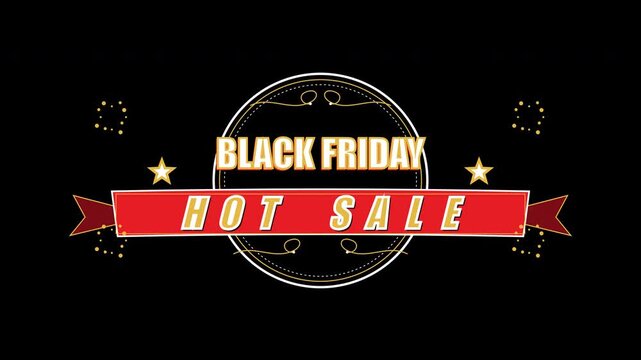 Black friday hot sale badge animation with red ribbon and stars. 4k
