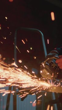 Male industrial worker or construction worker cuts metal with a angle grinder. Man uses metal saw or grinder at factory, Grinding Metal. Close-up sparks flying, manufacturing plant, cutting metal