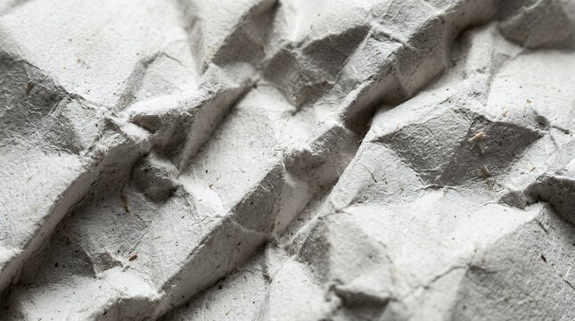 Macro close upcrushed and crumpled white recycled paper sheet displaying complex wrinkled textured surface patterns dramatic shadows and tactile organic abstract geometric grunge background