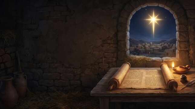 Ancient scroll revealing Bethlehem star over village