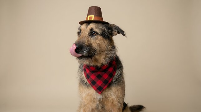 Funny purebred domestic shepherd dog licking nose snout wearing traditional autumn holiday pilgrim hat accessory and checkered neck bandana while posing playfully on seamless clean backdrop dog