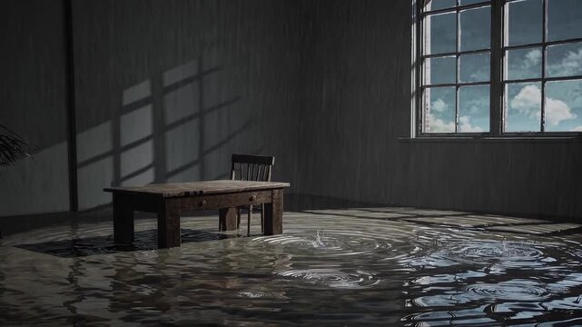 Rainwater covers floor around wooden table in abandoned room, creating ripples and reflections within surreal flood imagery. Empty interior appears somber as daylight enters through large window.
