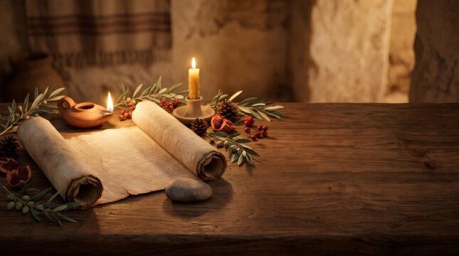 Ancient biblical scrolls on rustic wooden table with candles