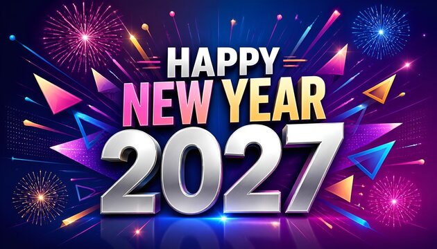 Happy New Year 2027 celebratory explosion with colorful abstract shapes and sparkles, vibrant festive graphic resource for event invitations and ... 