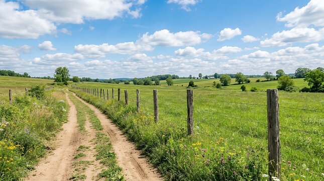 Scenic unpaved dirt trail running parallel along rustic wooden post fence line surrounded by lush green grass meadow and wildflowers under wide open summer sky with fluffy clouds in rural
