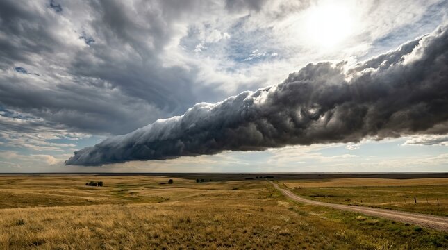 Massive Arcus Shelf Cloud over Golden Prairie Grassland with a Rural Dirt Road and Dramatic Stormy Sky Weather