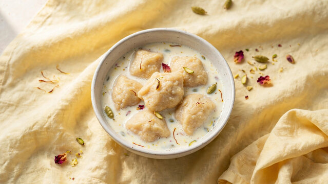 Dudh Puli pitha Bengali rice dumplings in saffron milk with pistachios