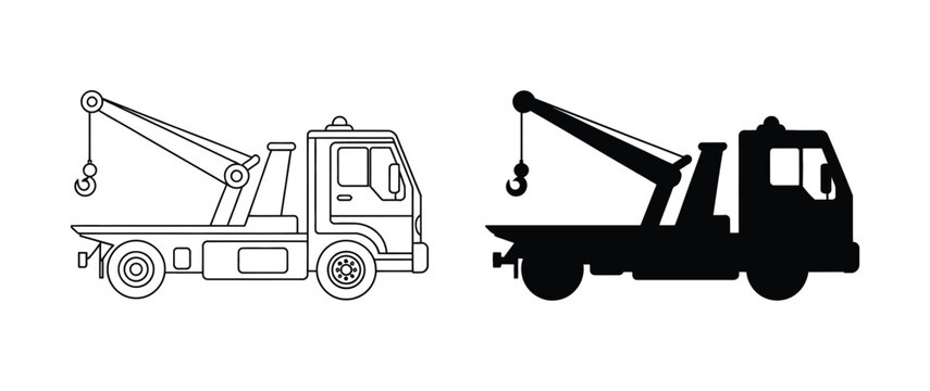 Tow truck icon set, vehicle recovery service symbol, roadside assistance, emergency transportation, car breakdown support, automotive services, editable vector design element