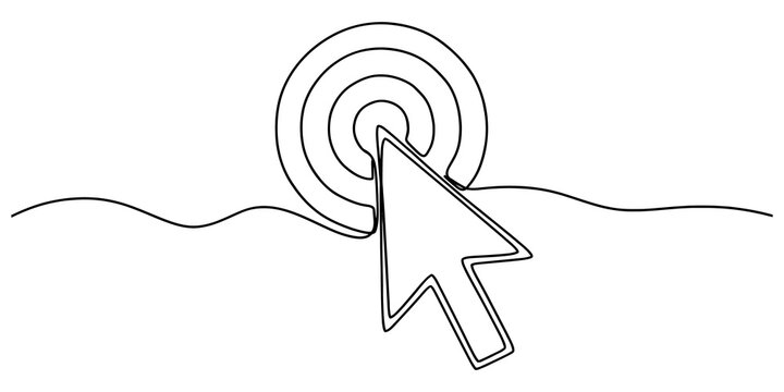 Computer cursor pointing at concentric target icon drawn with single line for website interface and interaction themes.
