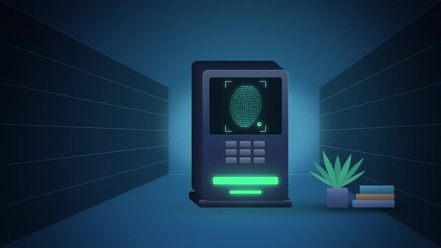 Blue cash machine facial recognition scan unlocking with mesh
