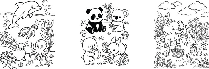 Fototapeta premium Black and white coloring book pages set featuring cute cartoon animals including an underwater ocean scene with a dolphin turtle and seal forest animals and a picnic