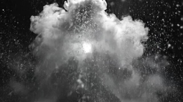 Black and white explosion of white powder creating dynamic cloud shape in slow motion against dark backdrop