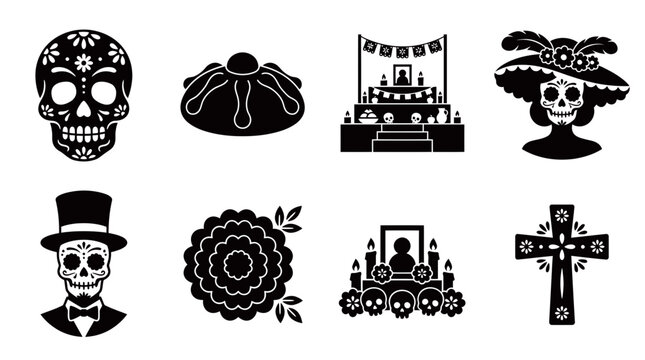 Day of the Dead mexican dia de muertos icon set featuring skull sugar