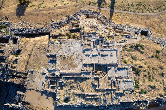 Aerial overhead view of the Mycenean citadel of Tiryns, in Peloponnese, Greece, an excellent display of Cyclopean masonry of the Mycenaen world