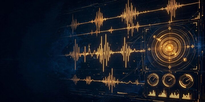 AI earthquake early-warning seismic monitoring dashboard overlay with seismograph waveforms and epicenter triangulation map, amber line art on dark navy