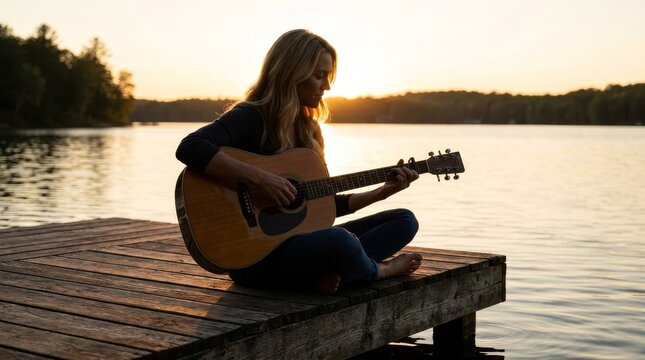 Silhouette of Person Playing Guitar on Lake Dock at Sunset