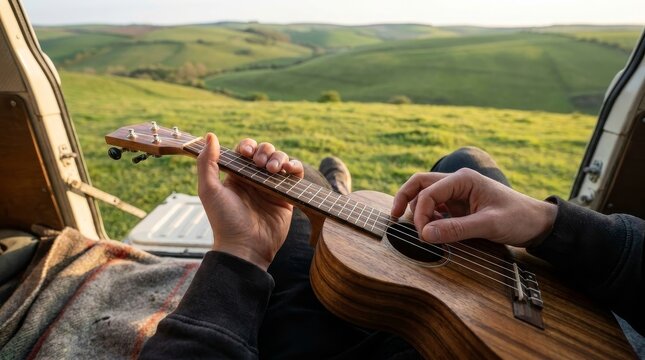 POV playing ukulele on camper van tailgate over green hills