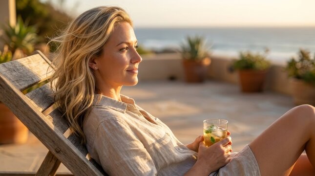 Person Relaxing on Sunbed with Iced Drink at Golden Hour
