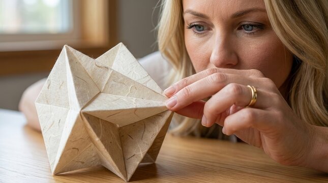 Macro of Hands Folding Intricate Geometric Origami Paper
