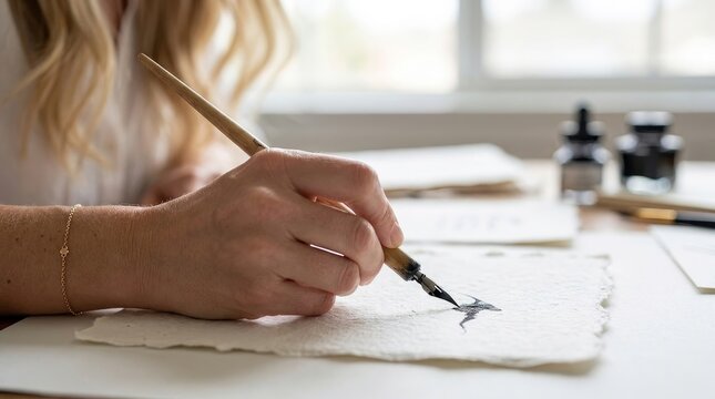 Macro of Calligrapher Writing with Dip Pen on Cotton Paper
