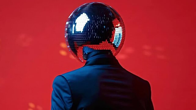 Mysterious man wearing a sleek black suit and a sparkling mirror ball helmet slowly rotating on a vibrant red background, embodying the spirit of a retro party and electronic music culture
