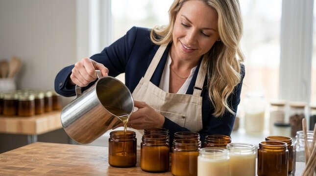 Artisan Pouring Warm Soy Wax into Amber Glass Candle Jars