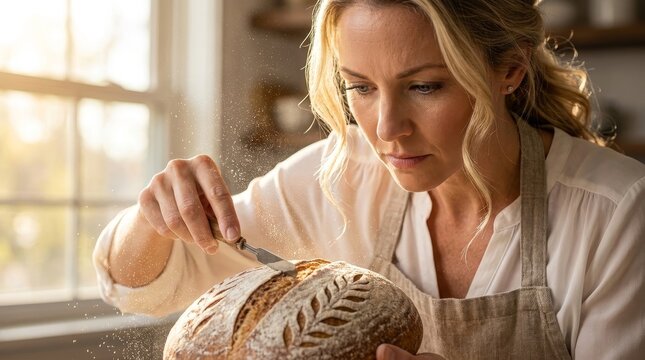 Artisan Baker Scoring Sourdough Bread with Lame in Morning Light