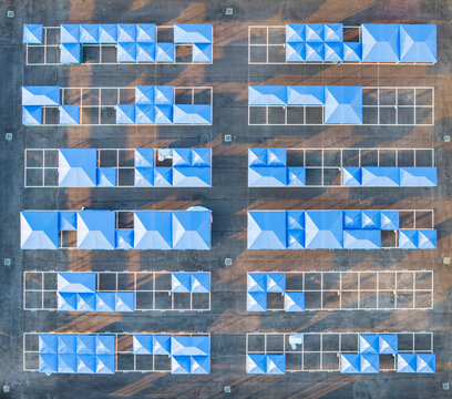 Aerial View of Blue Event Tents and Booth Layout