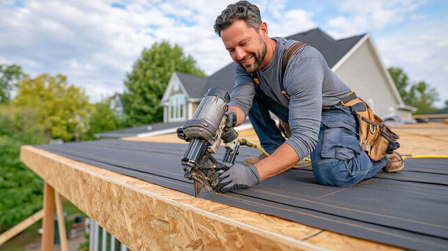 A low-angle view of a construction worker installing dark synthetic roofing underlayment on a residential roof deck, pneumatic nail gun held firmly against the membrane while fastening it to the ply