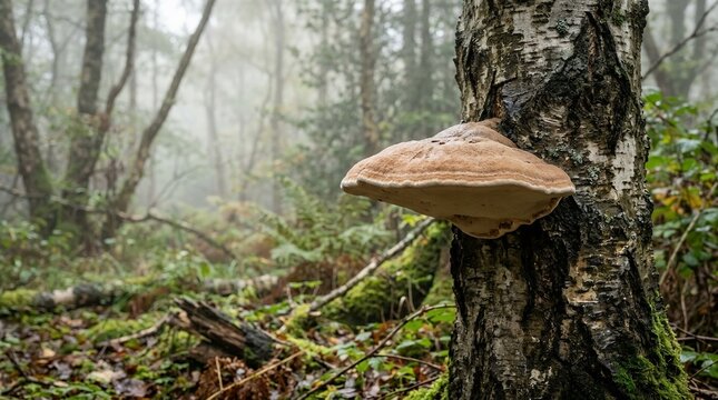 Wild tinder fungus polypore growing on silver birch tree bark in deep foggy woodland during damp autumn season.