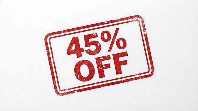 Red rubber stamp with forty five percent off inside a grunge rectangular frame on white