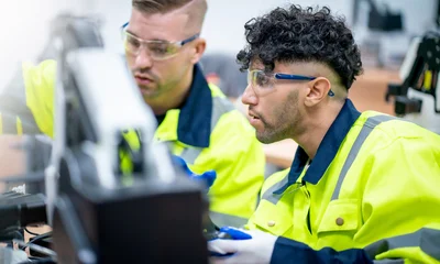 Mechanical engineering team working in robotic technology lap for research and develop for manufacturing automation and robotics. © nuttawutnuy