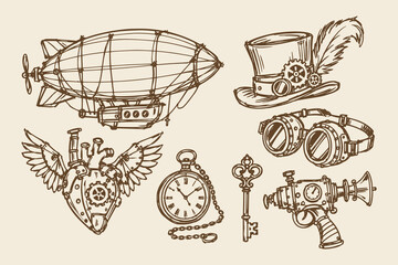 Steampunk Vintage Hand Drawn Sketch Set with Airship, Goggles, Pocket Watch and Mechanical Objects © Victoria