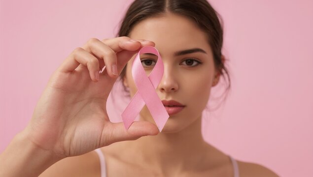 A woman holding a pink ribbon in front of her face