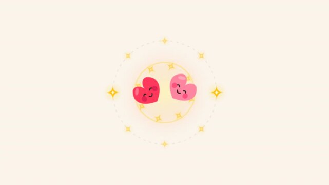 Cute smiling hearts rotating in circular frames on beige background
