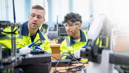Mechanical engineering team working in robotic technology lap for research and develop for manufacturing automation and robotics. © nuttawutnuy