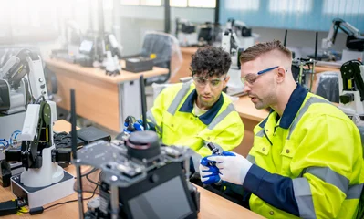 Mechanical engineering team working in robotic technology lap for research and develop for manufacturing automation and robotics. © nuttawutnuy