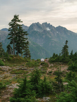 White tent on an alpine ridge on Vancouver island