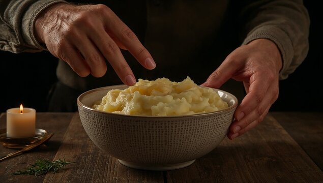 A bowl of mashed potatoes with a candle in the background
