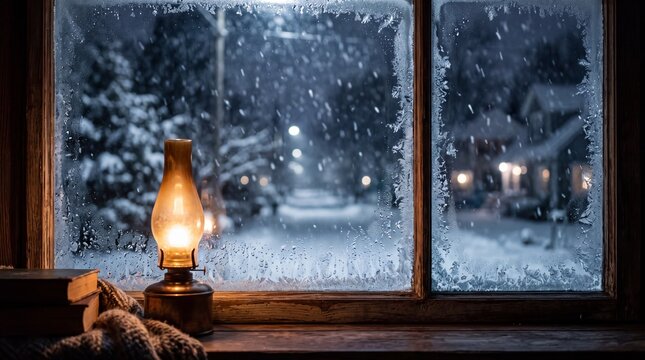Cozy winter scene viewed through frosted window with warm lamp glow
