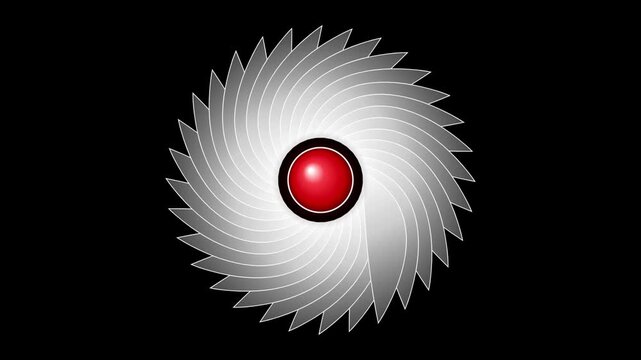 Rotating camera shutter aperture animation with glowing red center on black background