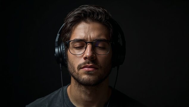 A person wearing headphones and a black t-shirt, possibly in a music or tech setting