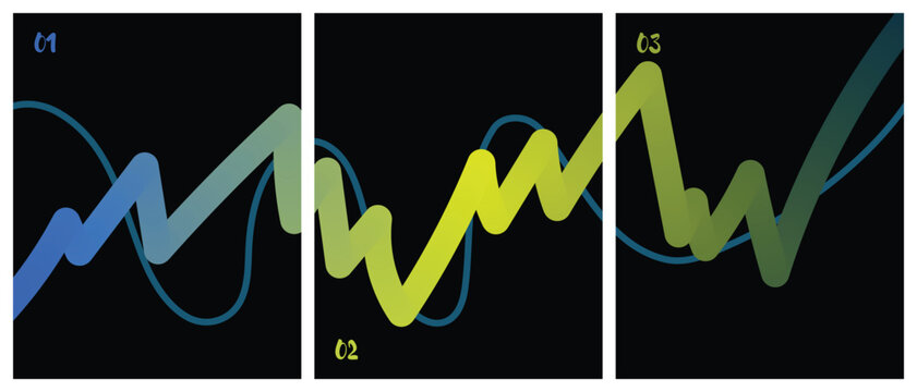 abstract wave and zigzag gradient line chart infographic poster set featuring striking green and blue gradients