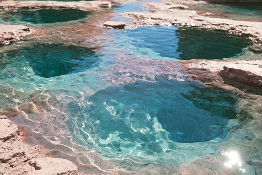 Detailed study of round tidal pools in coastal rock across a peaceful natural setting