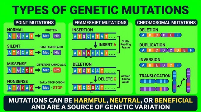 Educational infographic showing types of genetic mutations including
