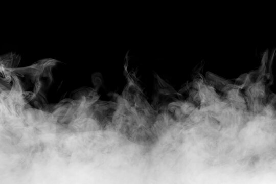 White smoke swirling across a black background, creating a dramatic abstract texture with flowing vapor, smoky mist, and atmospheric haze for graphic design and photo compositing.