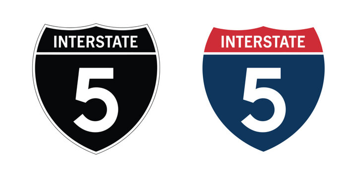 Interstate 5 highway road sign, interstate route shield, American highway symbol, road transportation, navigation signage, travel routes, freeway infrastructure, isolated vector design