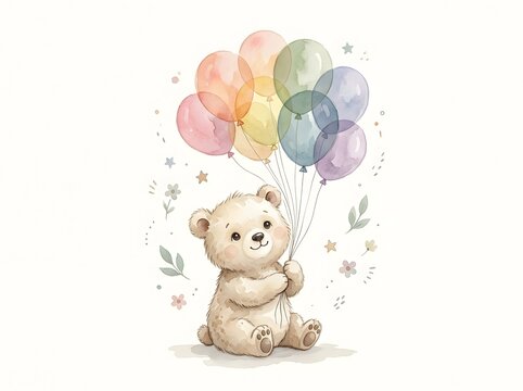 Charming watercolor illustration featuring a cute little teddy bear holding a bunch of colorful pastel balloons surrounded by delicate flowers and sta